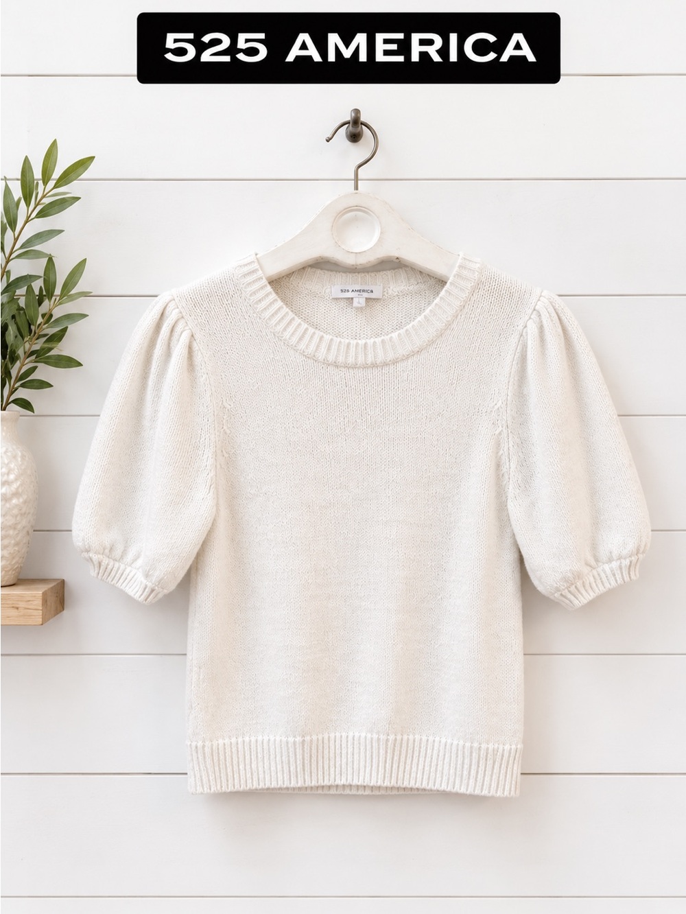 525 AMERICA Cream Knit Puff Sleeve Sweater Size L